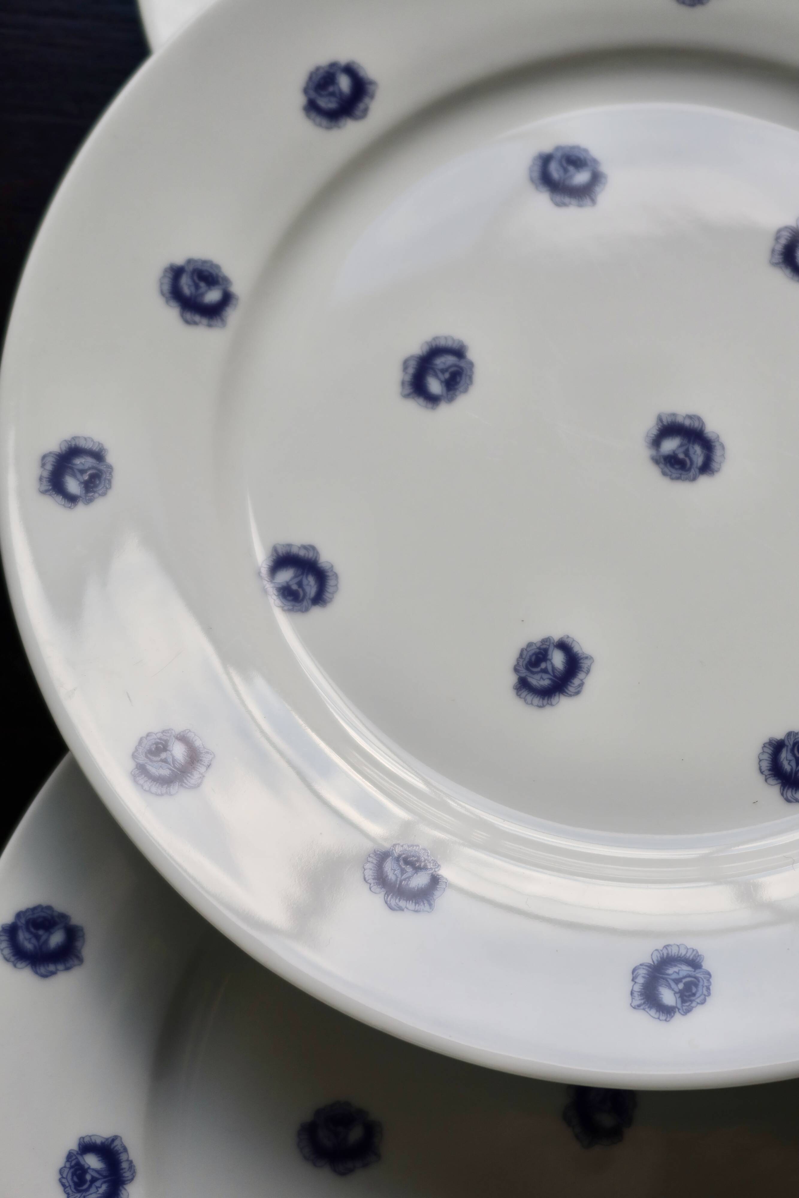 6 vintage white porcelain dinner plates with blue roses