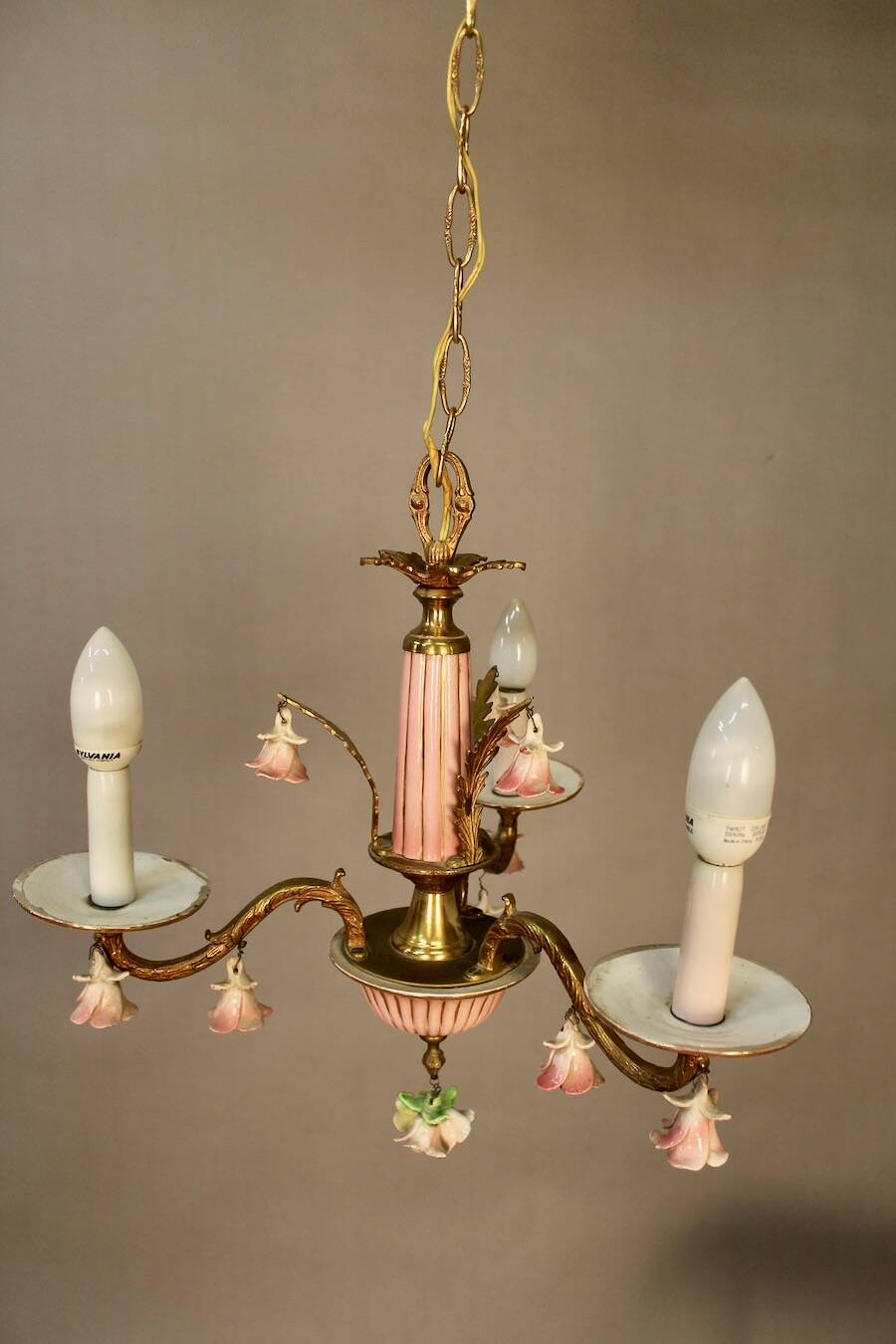 Small Italian Bronze Chandelier with Porcelain Flowers and its 2 Wall Sconces