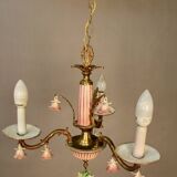 Small Italian Bronze Chandelier with Porcelain Flowers and its 2 Wall Sconces