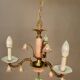 Small Italian Bronze Chandelier with Porcelain Flowers and its 2 Wall Sconces