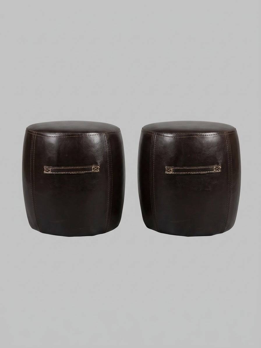 2 small brown poufs with beige stitching - industrial, loft, vintage style, re