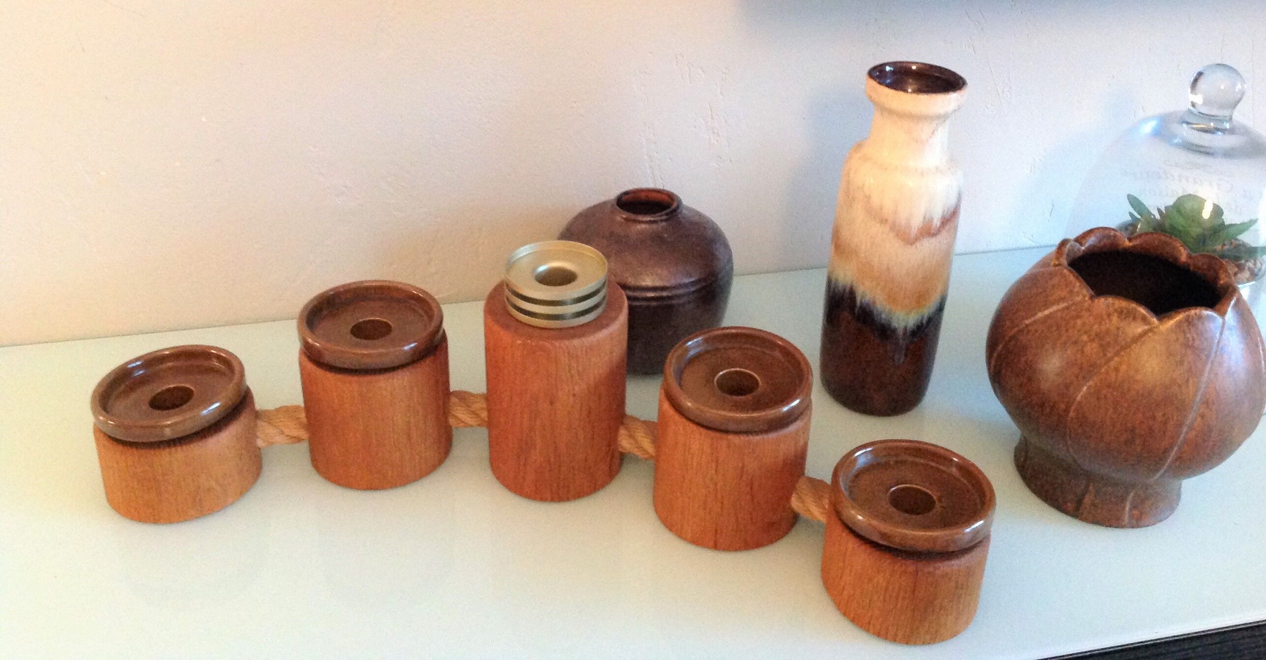 Five-headed chandelier in wood and ceramic Scandinavian style / vintage 60s-70s