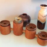 Five-headed chandelier in wood and ceramic Scandinavian style / vintage 60s-70s