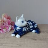 Statuette chat en porcelaine blanche et bleue Villeroy & Boch signé Gallo