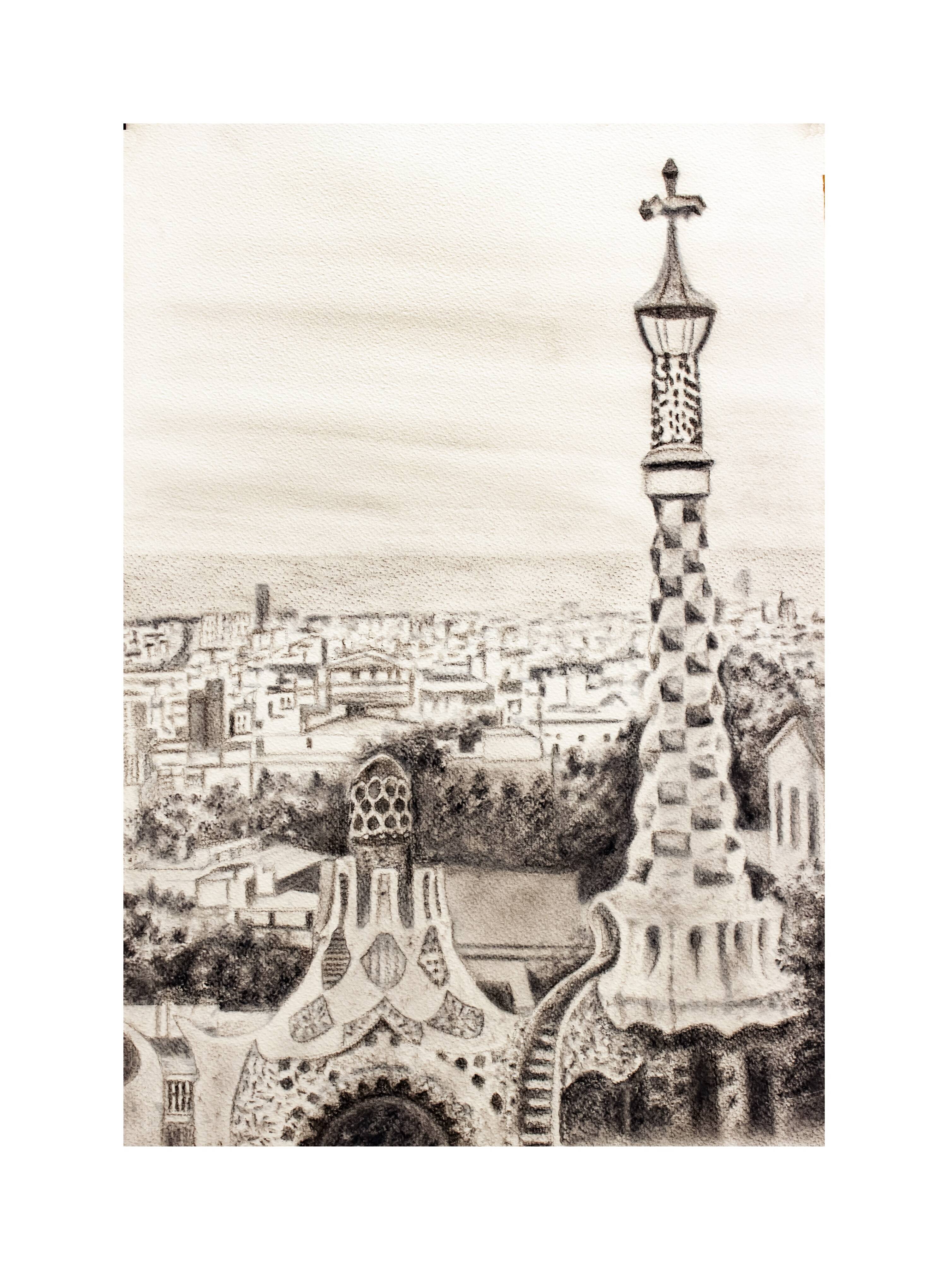 CHARCOAL DRAWING OF BARCELONA VIEW OF PARK GUELL. CITYSCAPE OF BARCELONA.