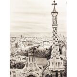 DESSIN AU FUSAIS DE BARCELONE VUE DU PARC GUELL. PAYSAGE URBAIN DE BARCELONE.