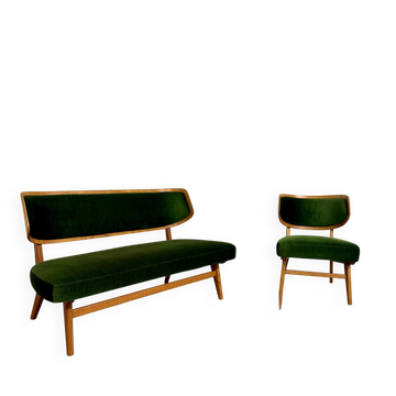 Sofa and armchair designed by Herta-Maria Witzemann, moulded wood, 1960s.