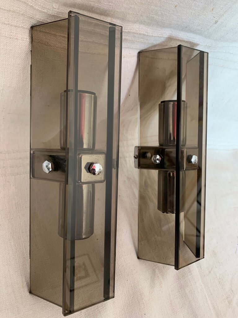 Pair vintage wall lamps 1970 smoked glass and chrome metal veca