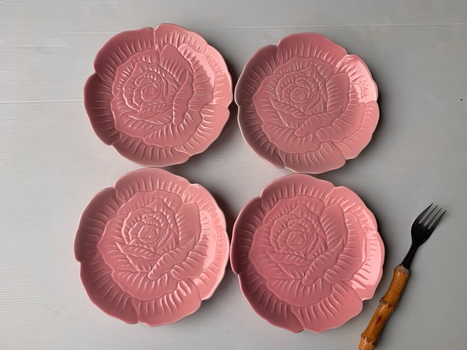 4 vintage rose shaped barbotine plates
