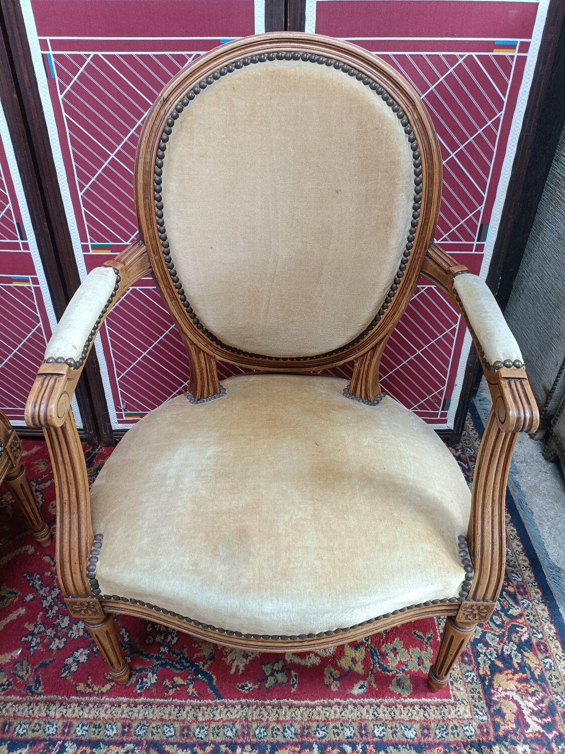 Pair of armchairs medallion Louis XV style, yellow velvet