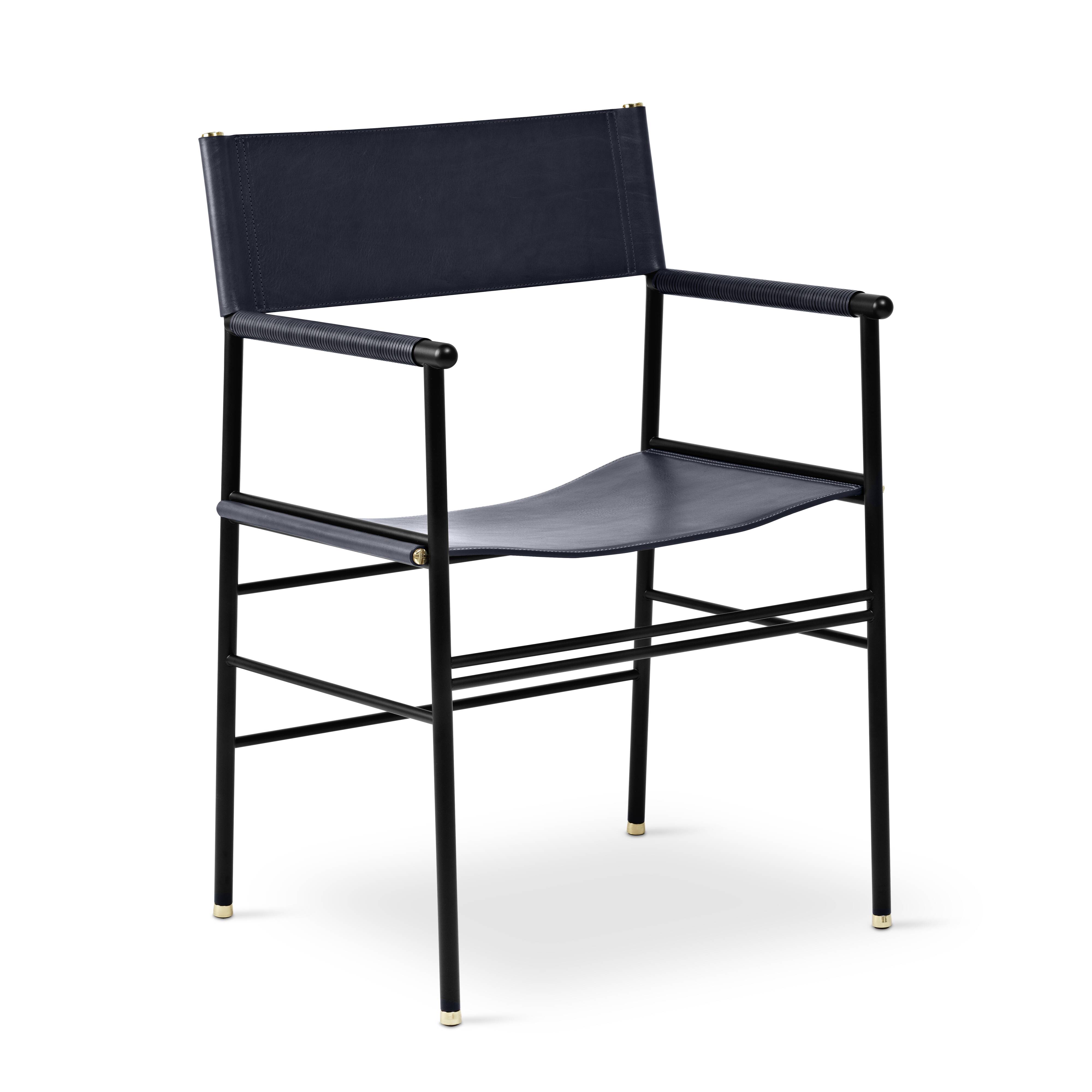 Set of 3 Counter Stools with Navy Blue Leather Backrest and Black Metallic Rubber
