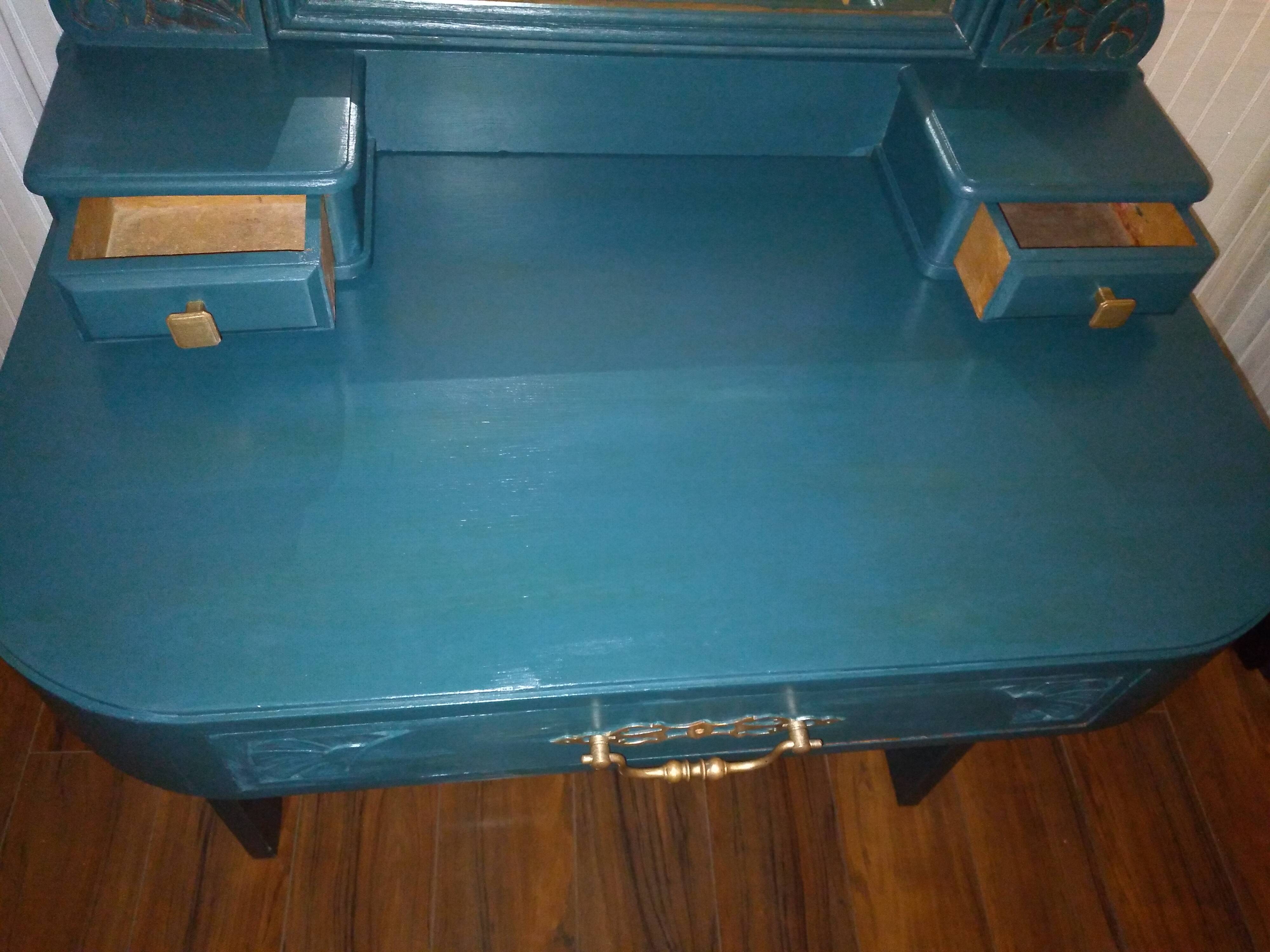 Blue art deco dressing table, swivel mirror