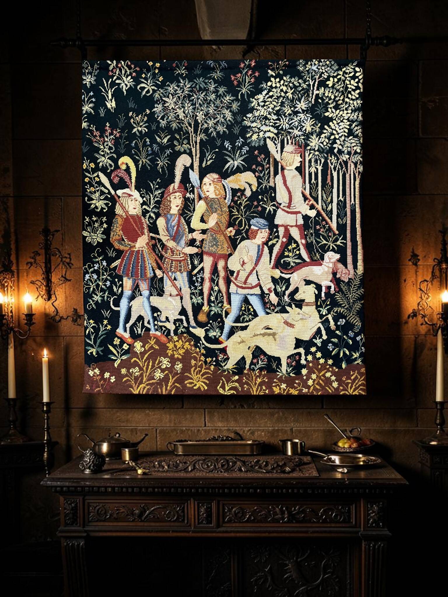 Antique handwoven tapestry Medieval Hunt Unicorn 20th century