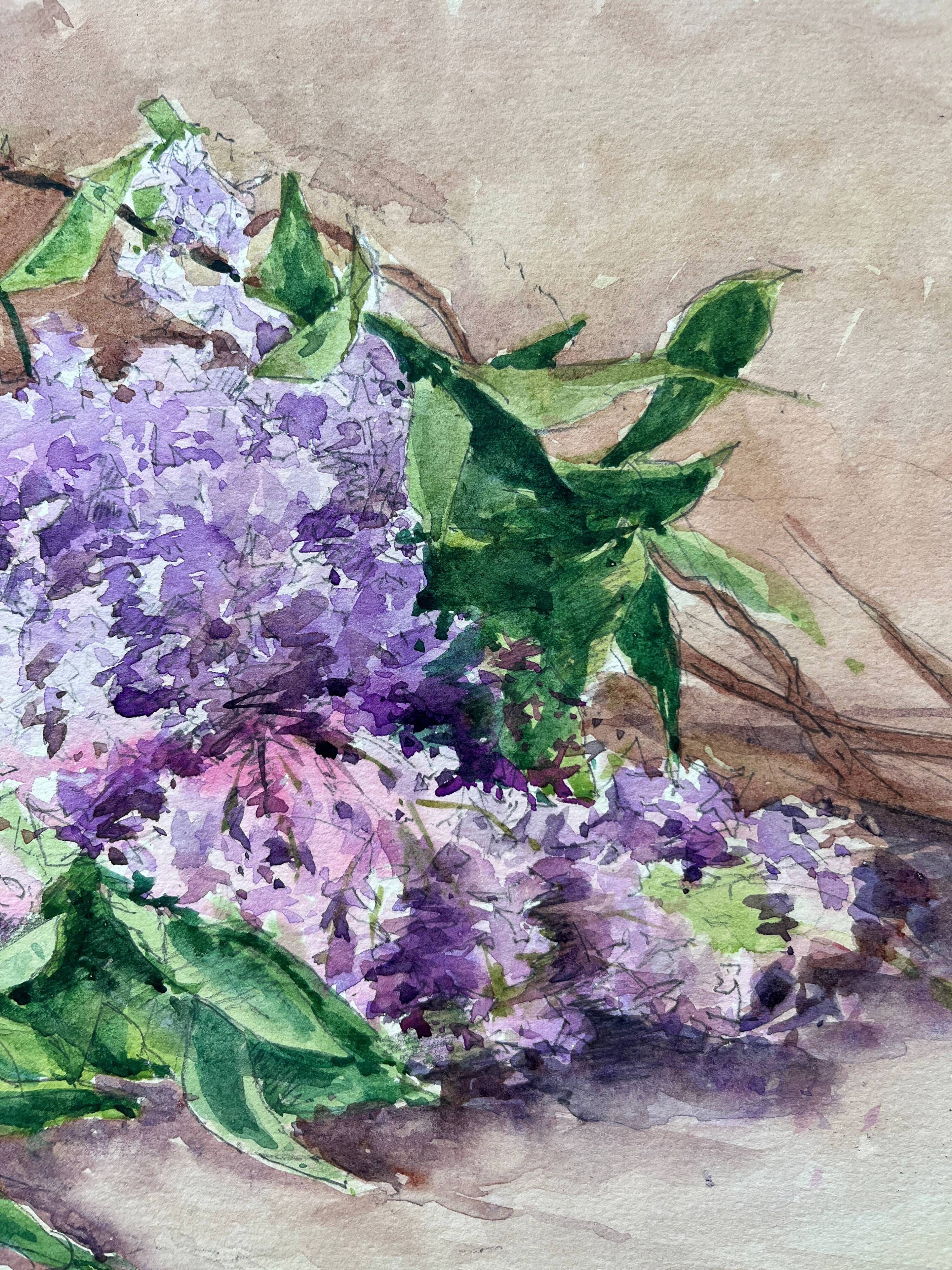 Painting Set of 2 watercolors Jetty/bouquet of Lilac flowers early 20th century
