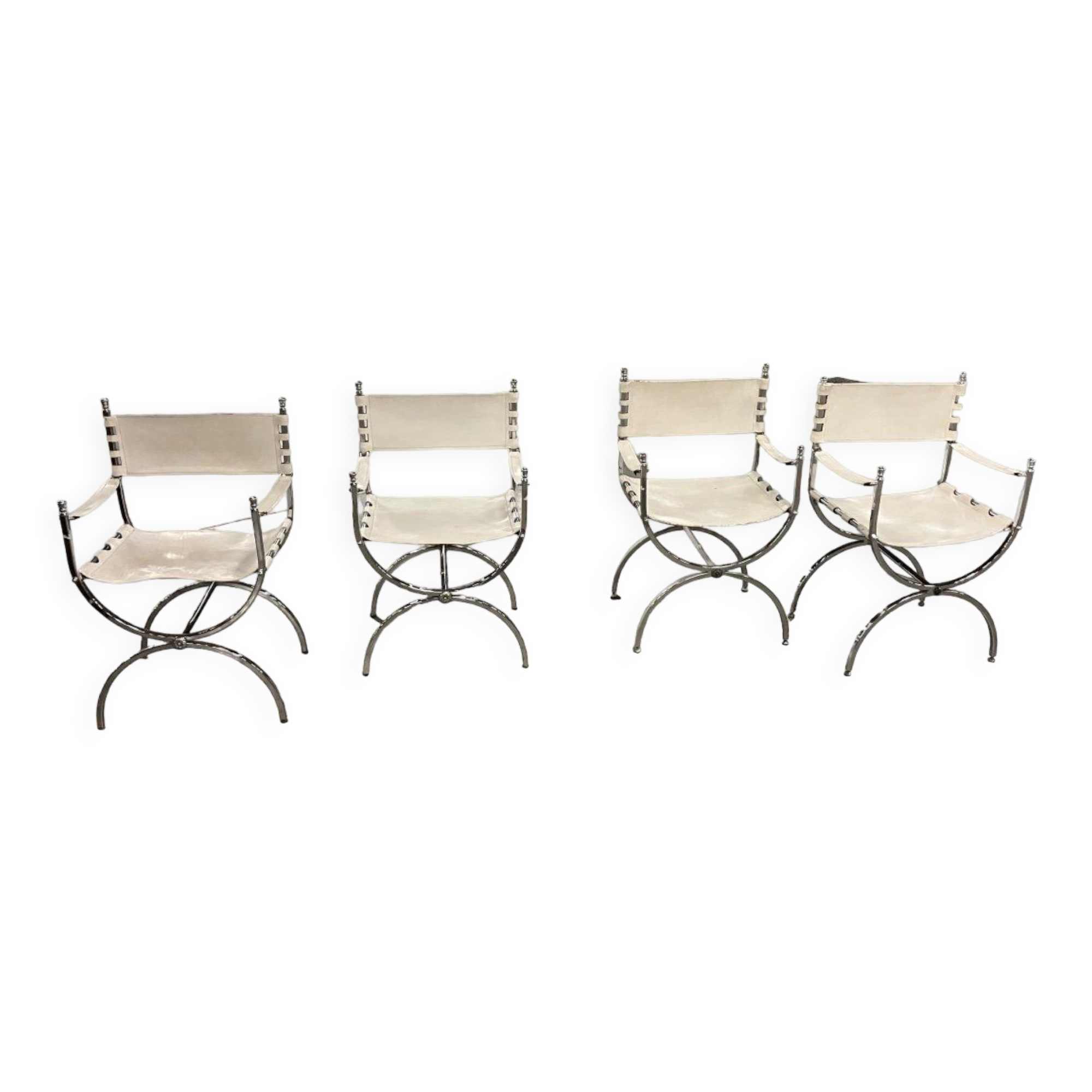 Maison Jansen Set of 4 armchairs Emperor Savonarola White leather and chromed metal
