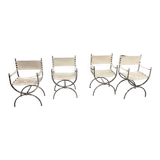Maison Jansen Set of 4 armchairs Emperor Savonarola White leather and chromed metal