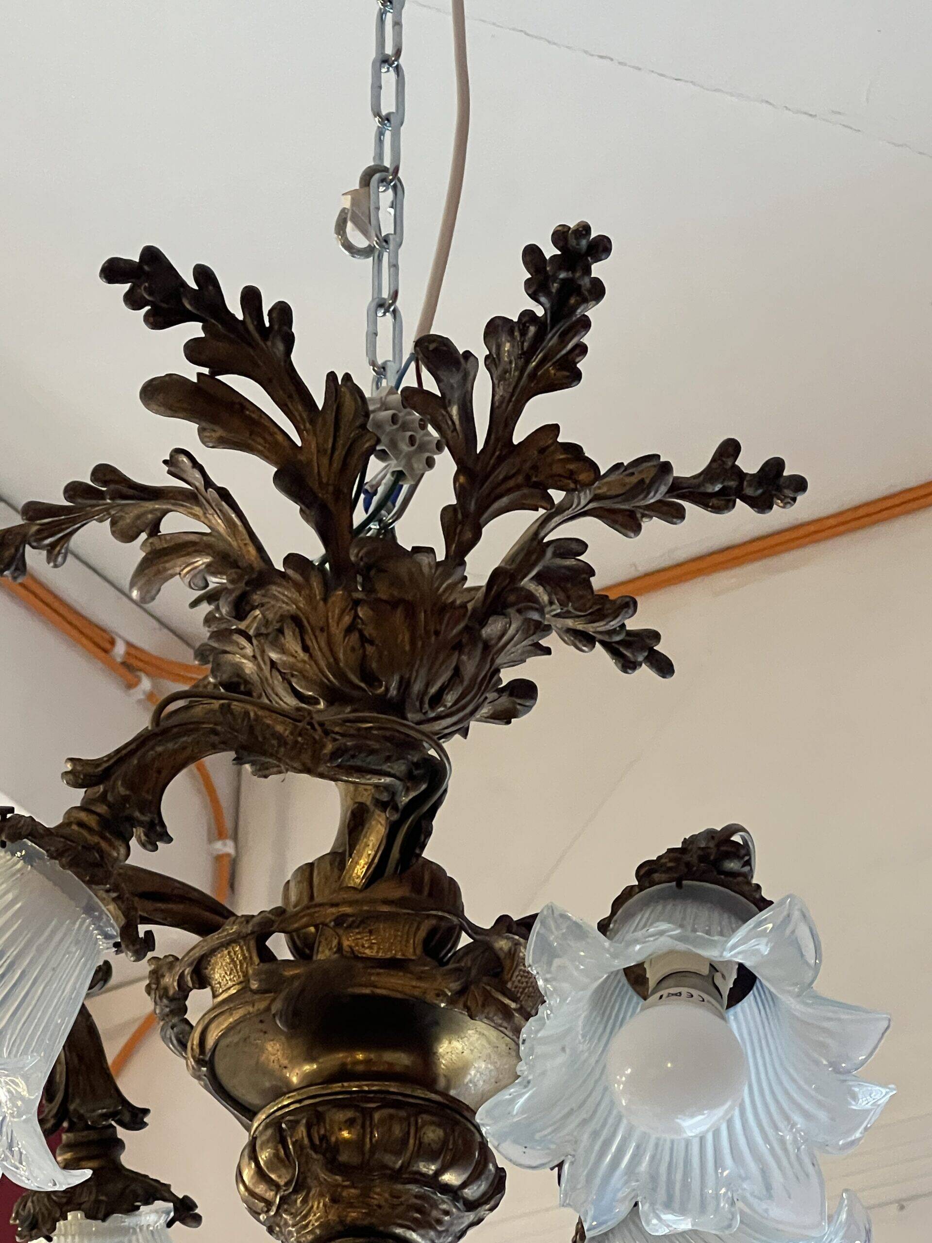 Solid bronze chandelier with moving arms, 19th century, opalescent tulips