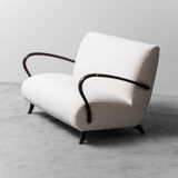 Set divano e poltrona in tessuto bianco legno anni ’70 modernariato