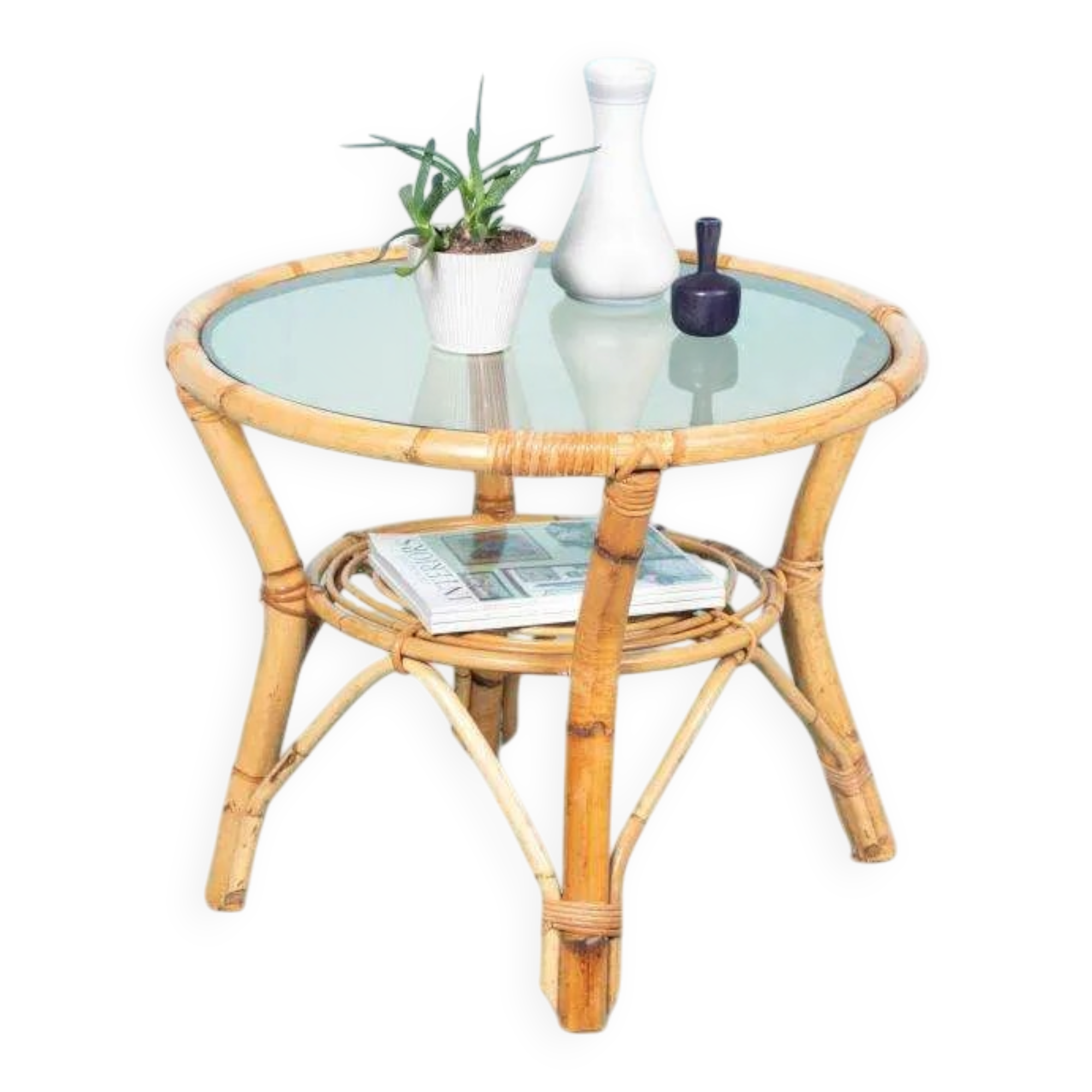 1960s round rattan coffee table, Rohé Noordwolde