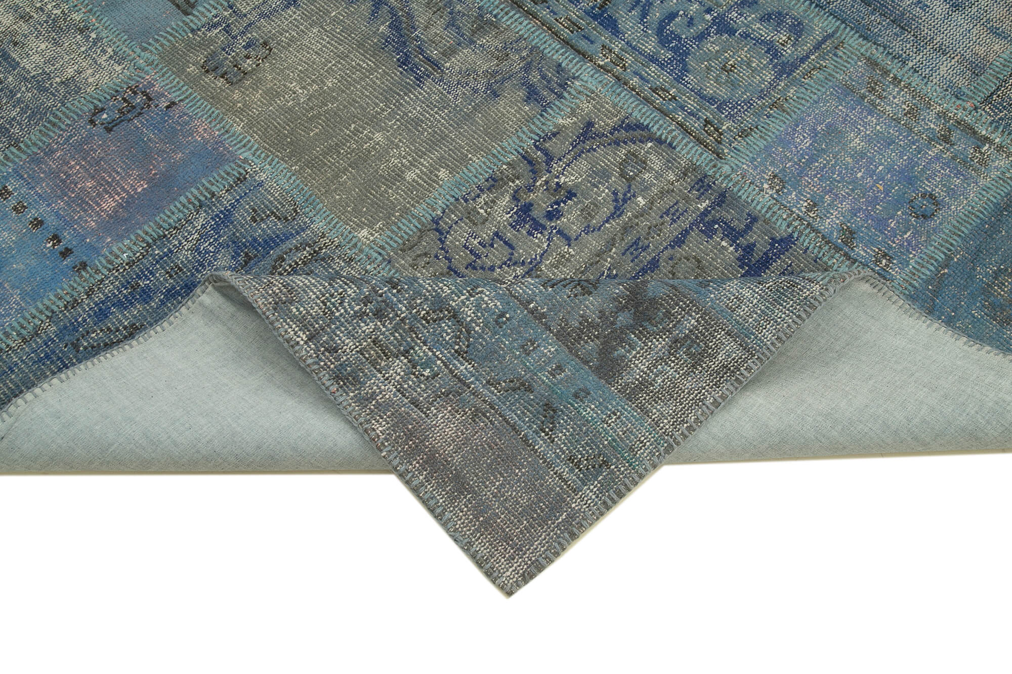 Handwoven oriental vintage 175 cm x 247 cm blue patchwork carpet