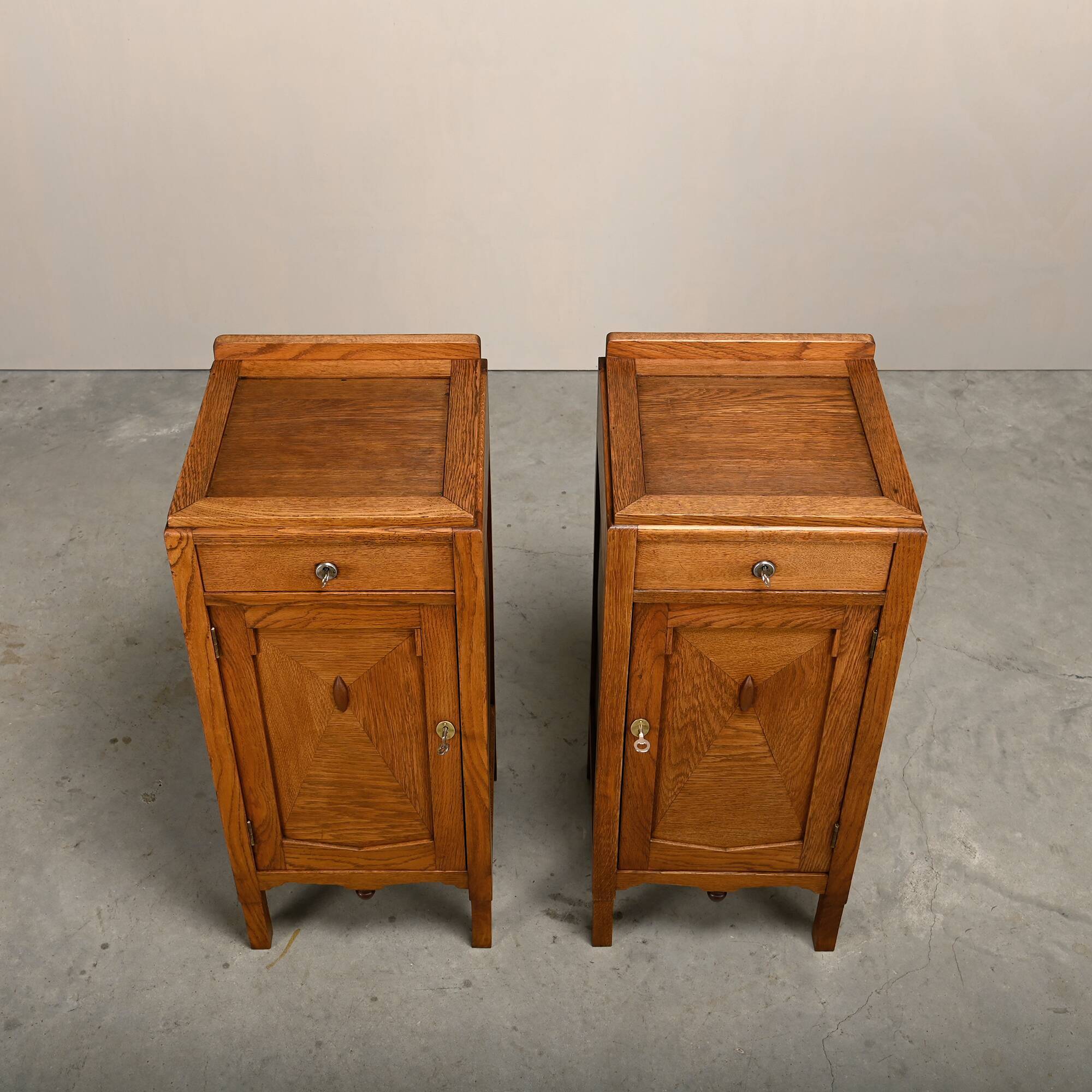 Art Deco Amsterdam School Nightstands oak wood and glass, 1930s Netherlands