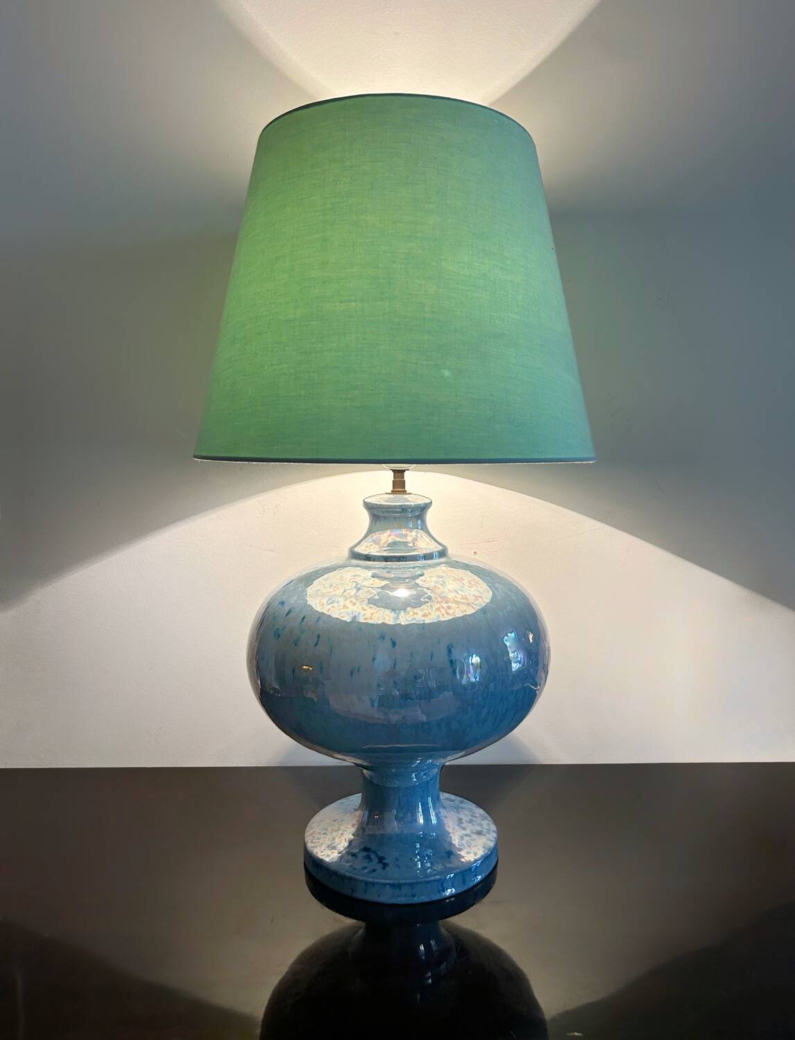 Iridescent blue ceramic lamp from the 80s