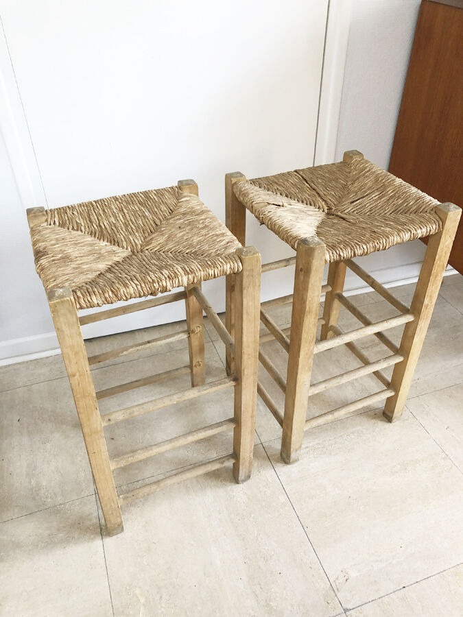 Pair of straw bar stools, 1970