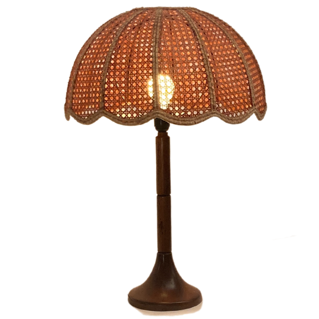 Lampe de table d’abat-jour de champignon en fausse toile de bambou, années 1960