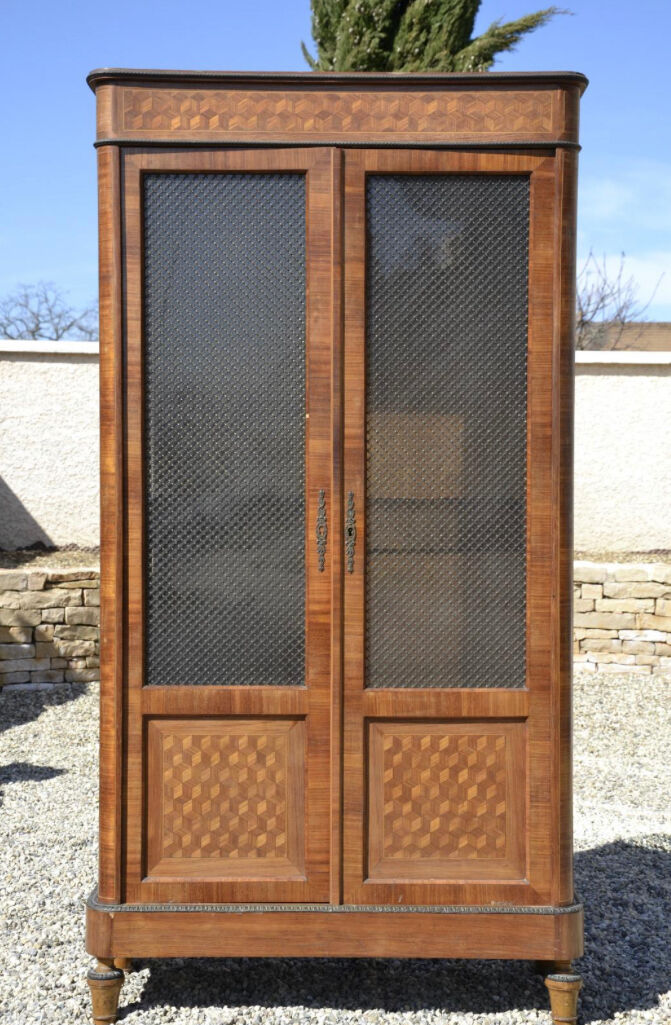 Marquetry and bronze showcase