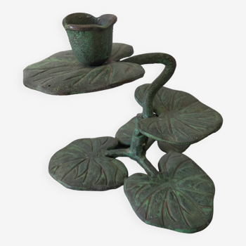 designer ivy leaf candle holder in green patinated metal