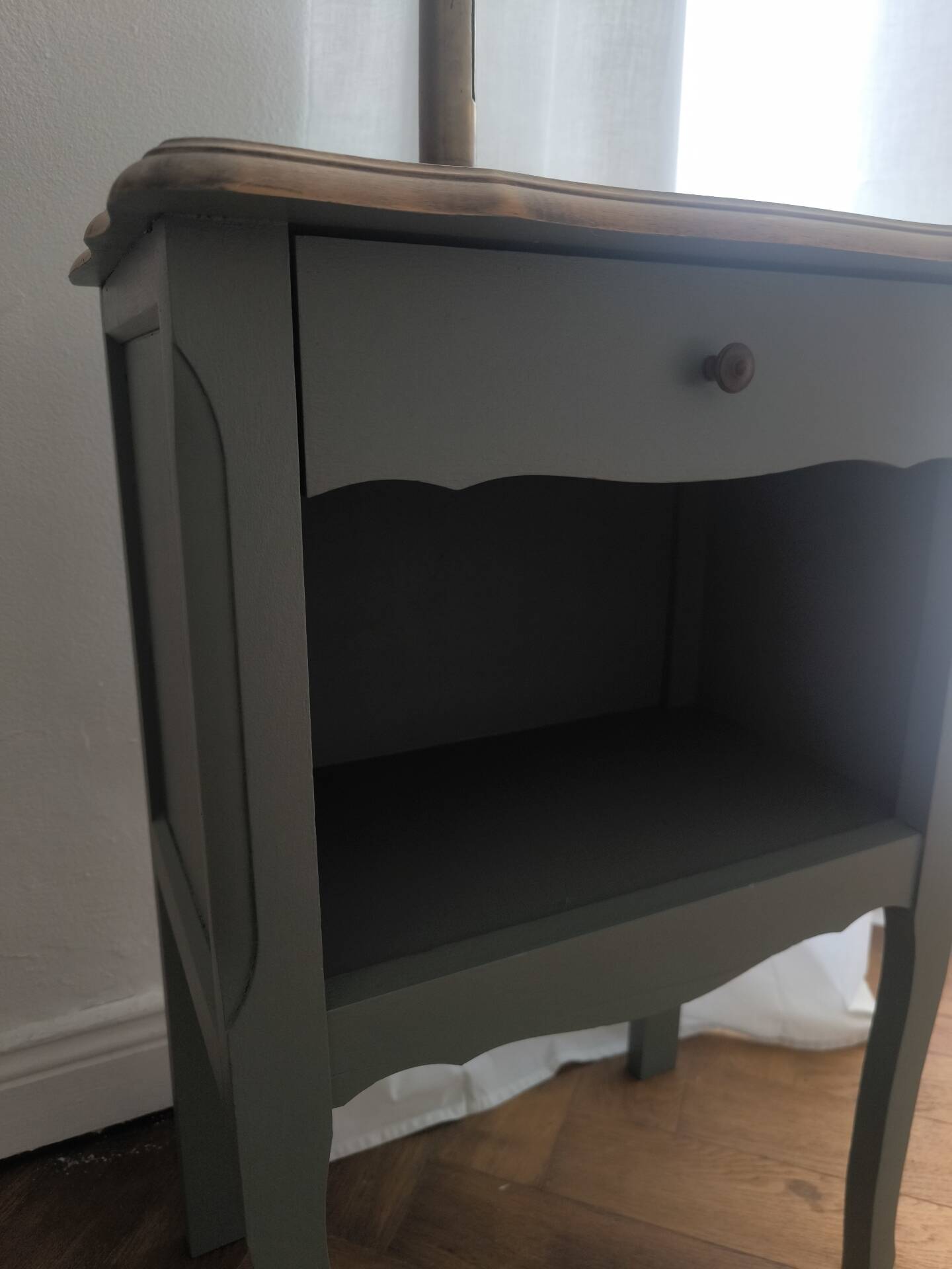 Louis XV bedside table revamped in solid oak and sage green/grey green.