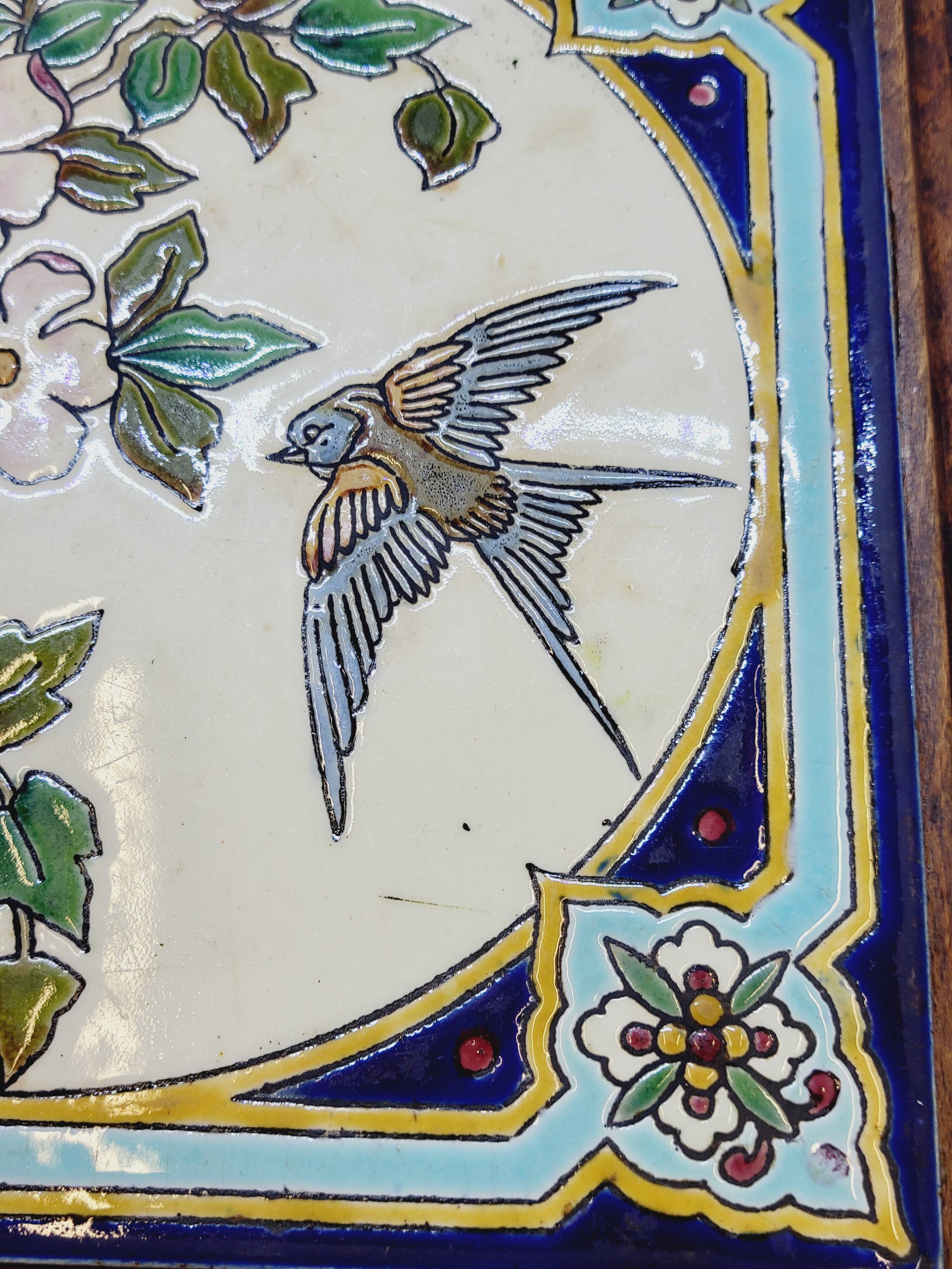 Longwy Trivet with Doorbell, Glazed Earthenware Tile and Wooden Frame