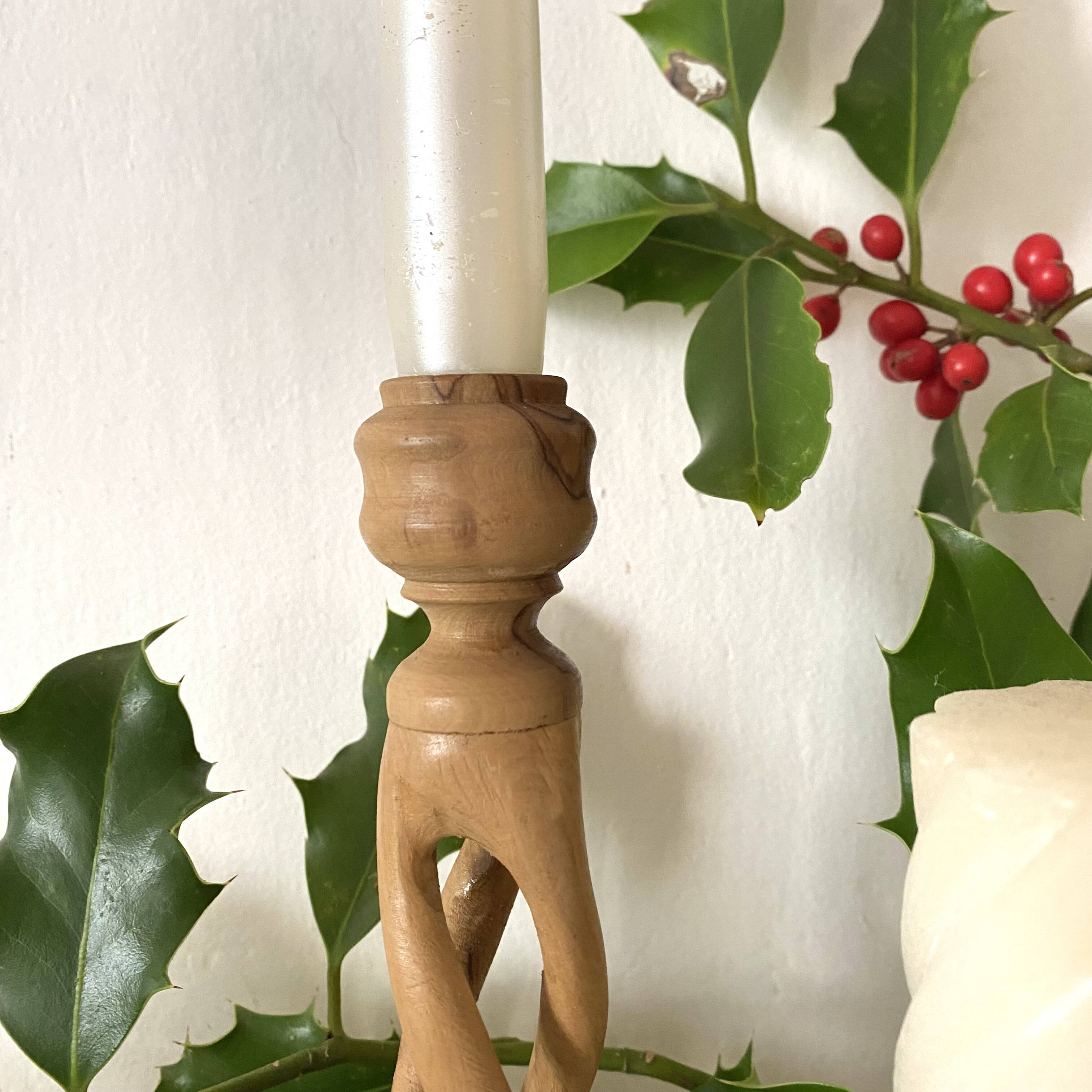 Carved olive wood candle holder