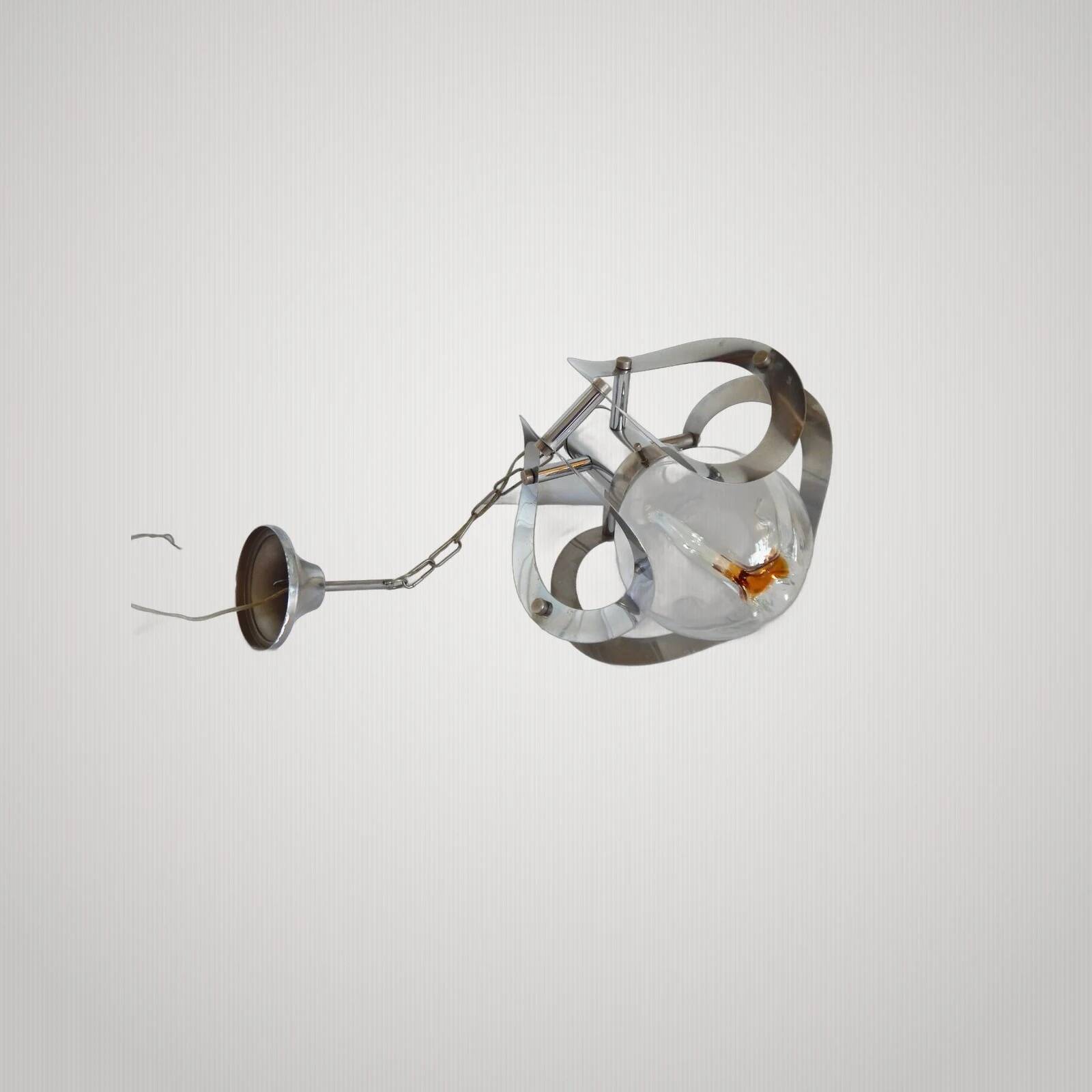 ANTIQUE CHANDELIER MAZZEGA Murano Opalescent Glass and Chrome Metal Pendant Light