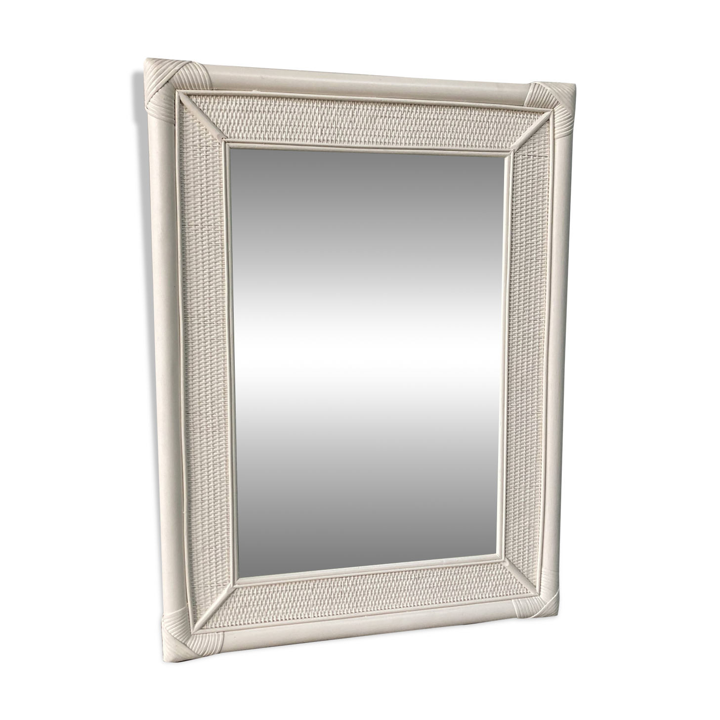 Miroir vintage en rotin et bambou blanc cassé, années 70/80