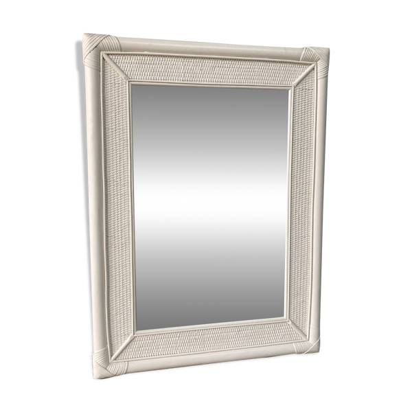 Miroir vintage en rotin et bambou blanc cassé, années 70/80