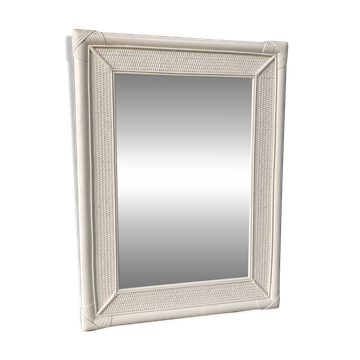 Miroir vintage en rotin et bambou blanc cassé, années 70/80