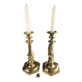 Charming Pair of Victorian Brass Candlesticks with Octagonal Bases - Matching Antique Candle Holders