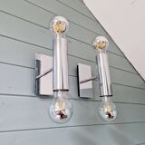Pair of tubular double-light wall lights in chrome-plated metal, 1970s
