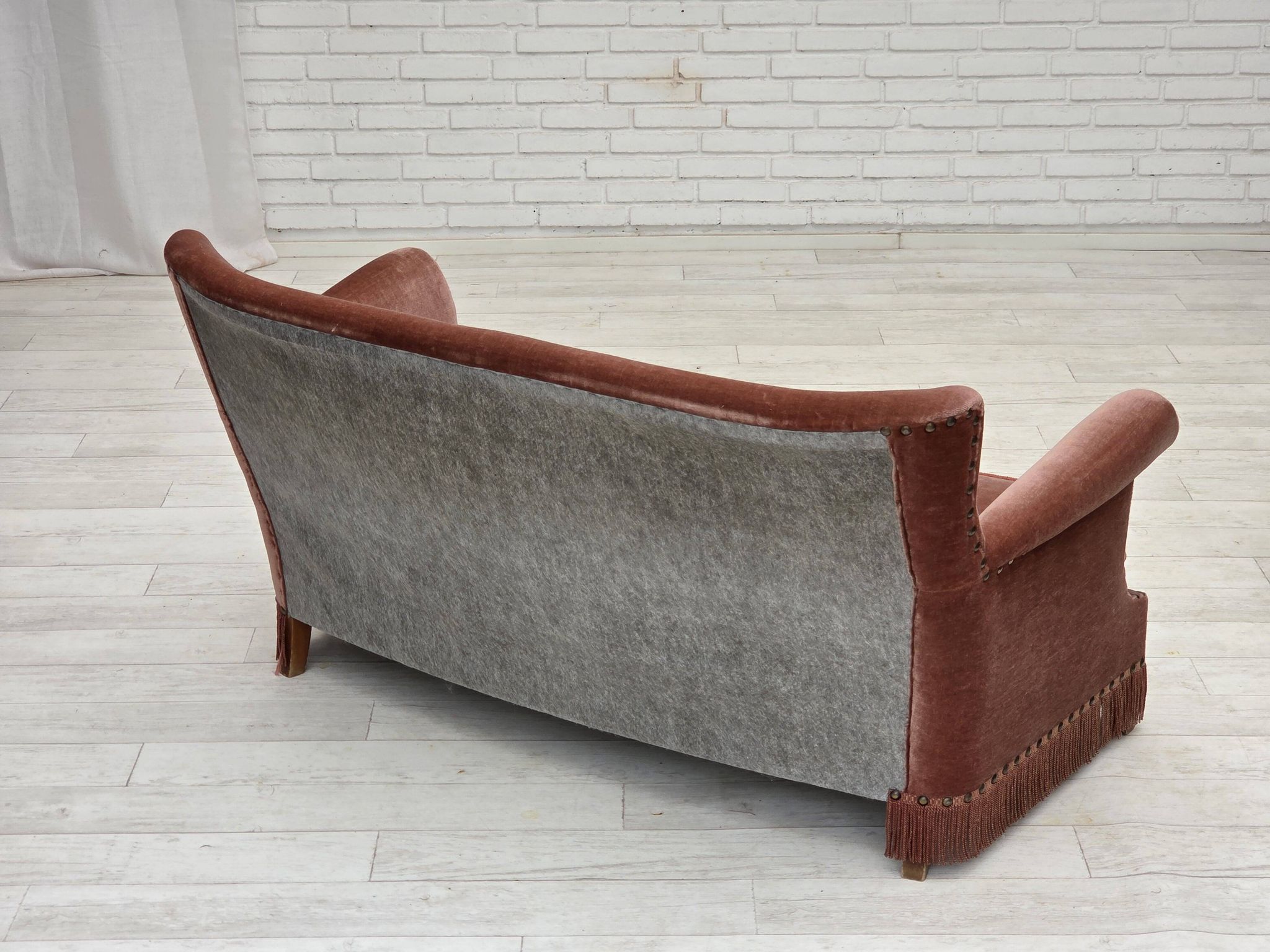 1970s, Danish 2-seater sofa, salmon pink furniture velour, beech wood.