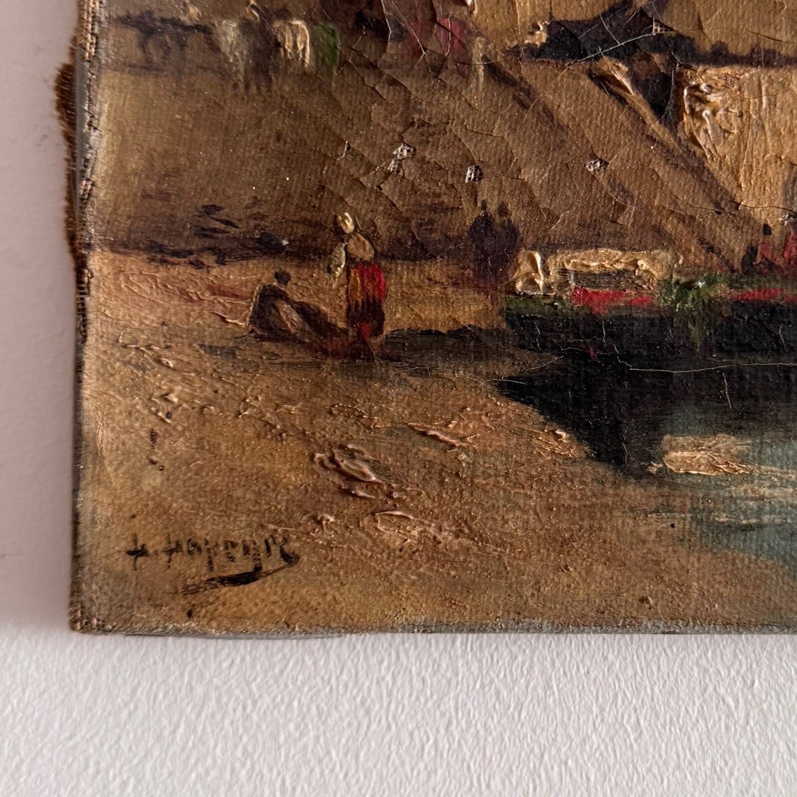 Oil on canvas depicting a boat at the quayside in the late 19th century by H. Hapeyre