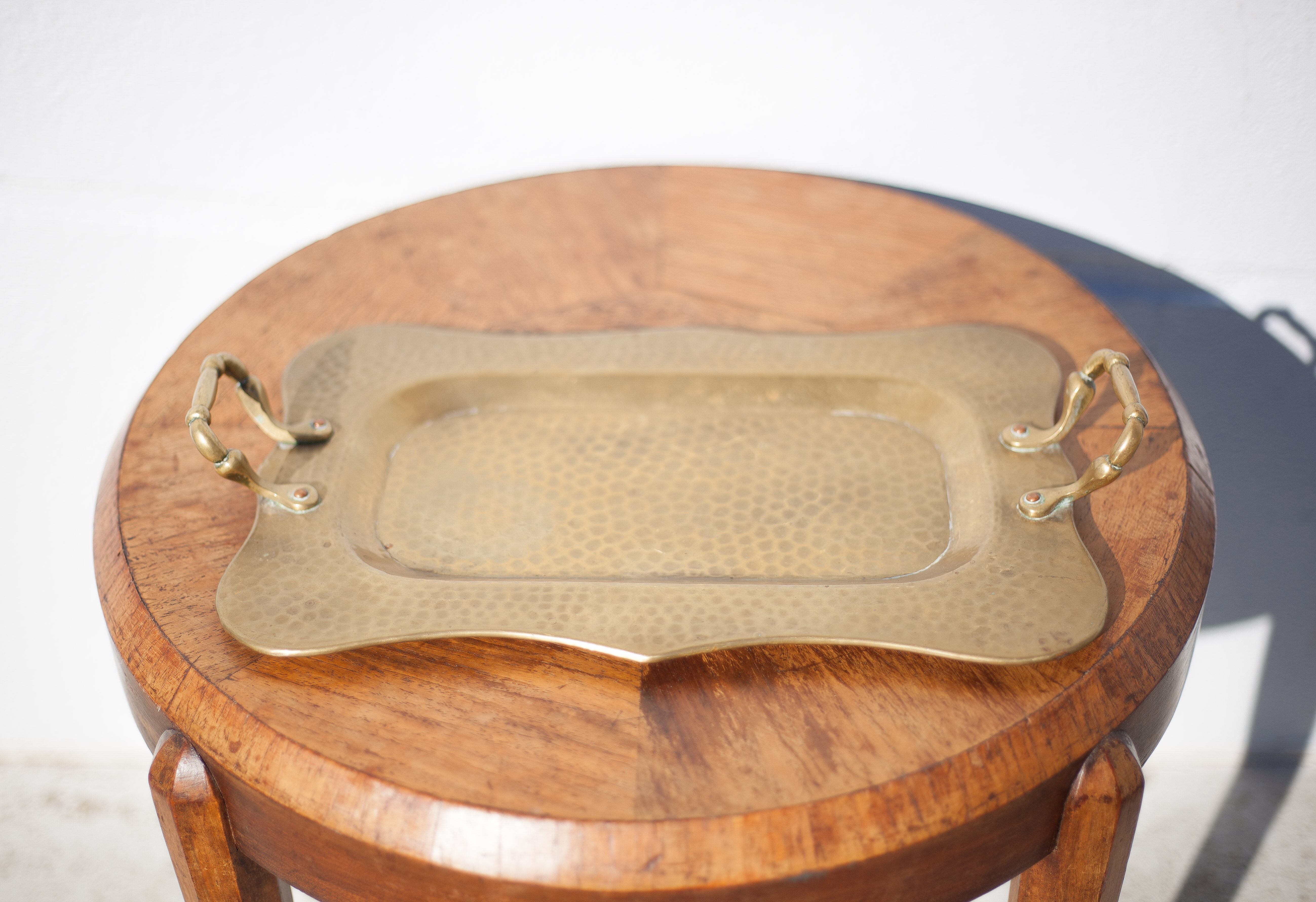 Vintage brass top, E.Roblin Villedieu Manche, handle tray, tableware, hammered top