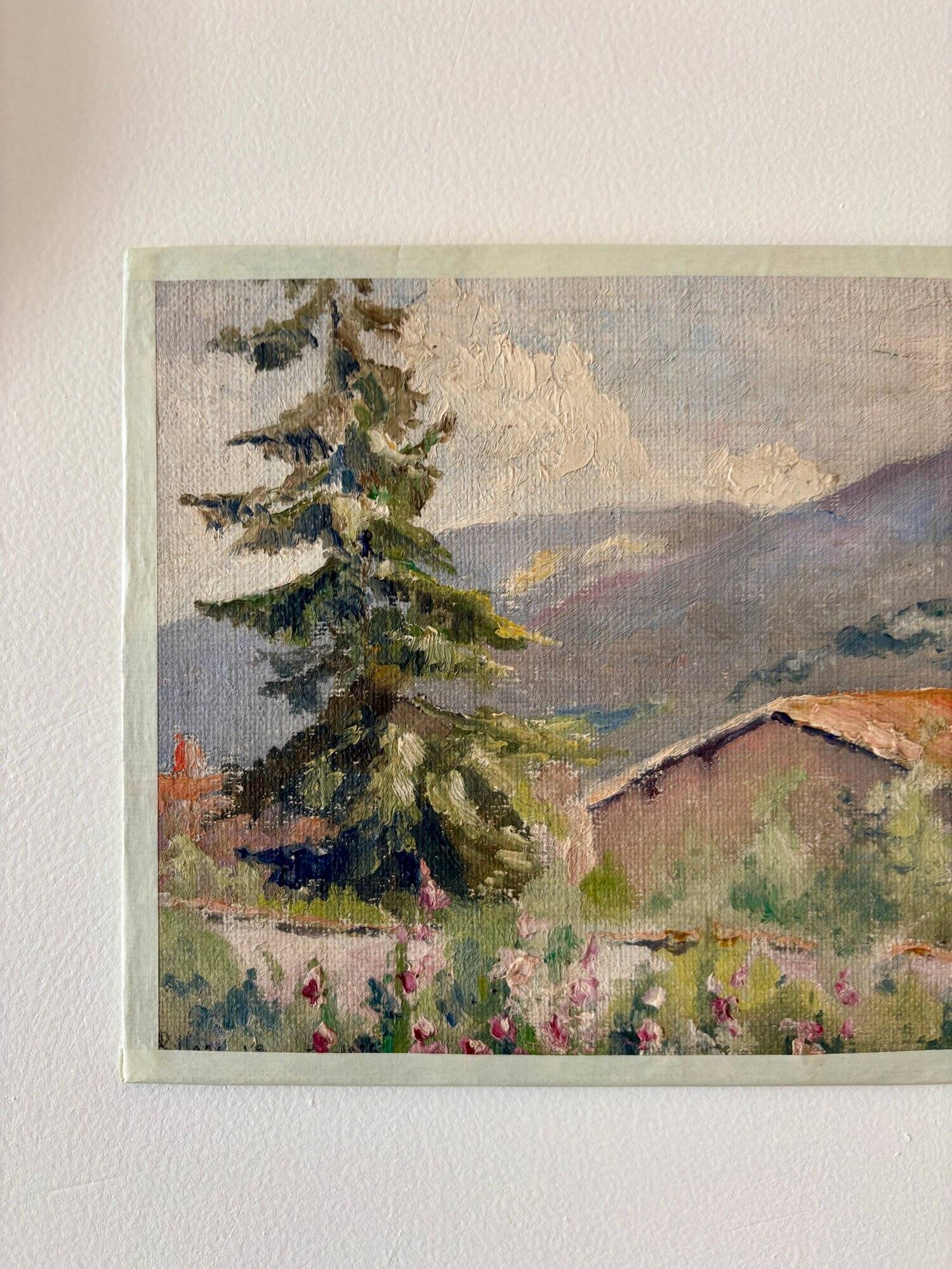 Oil painting on canvas "Mountain, fir tree and house" no. 51
