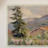 Oil painting on canvas "Mountain, fir tree and house" no. 51