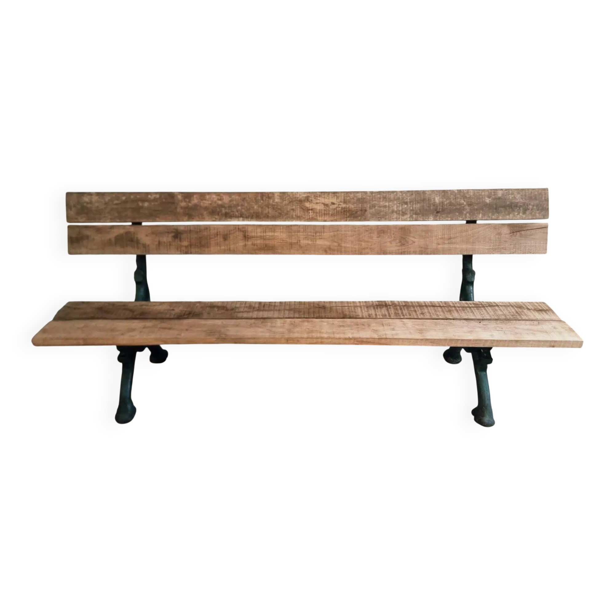 Antique French park bench in cast iron and oak – Sea green patina, 220 cm