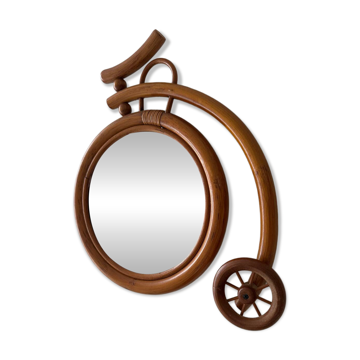 Rare wall mirror bicycle made of bamboo and rattan from the 1960s.