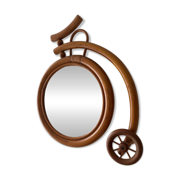 Rare wall mirror bicycle made of bamboo and rattan from the 1960s.