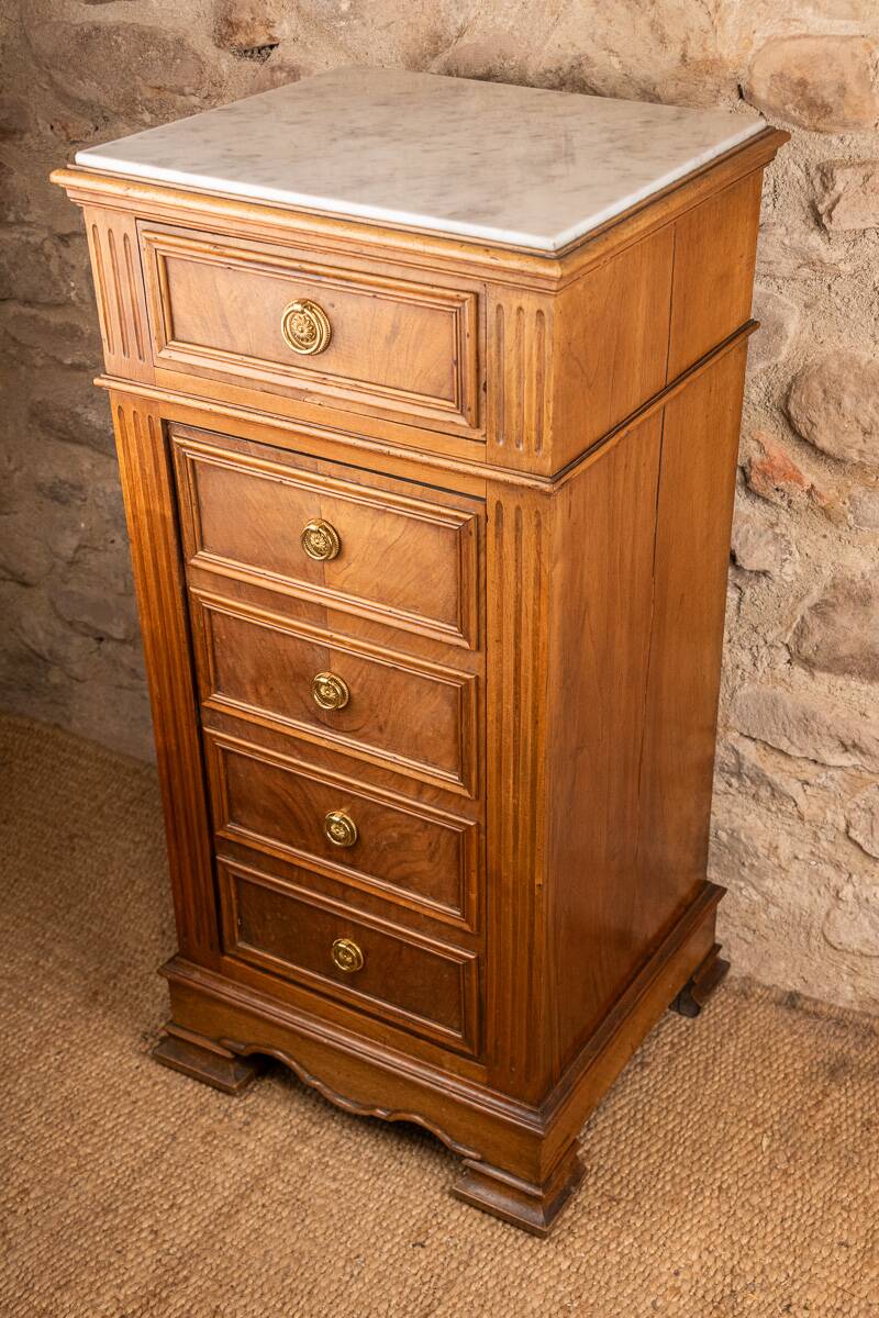 Louis XVI style bedside chest of drawers, marble top, late 19th century.