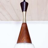 Scandinavian teak and opaline glass pendant lamp