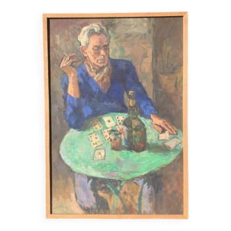 Huile sur Panneau - Paul Louis Guilbert 1886-1952  Le Joueur de Cartes  Circa 1920 -1930